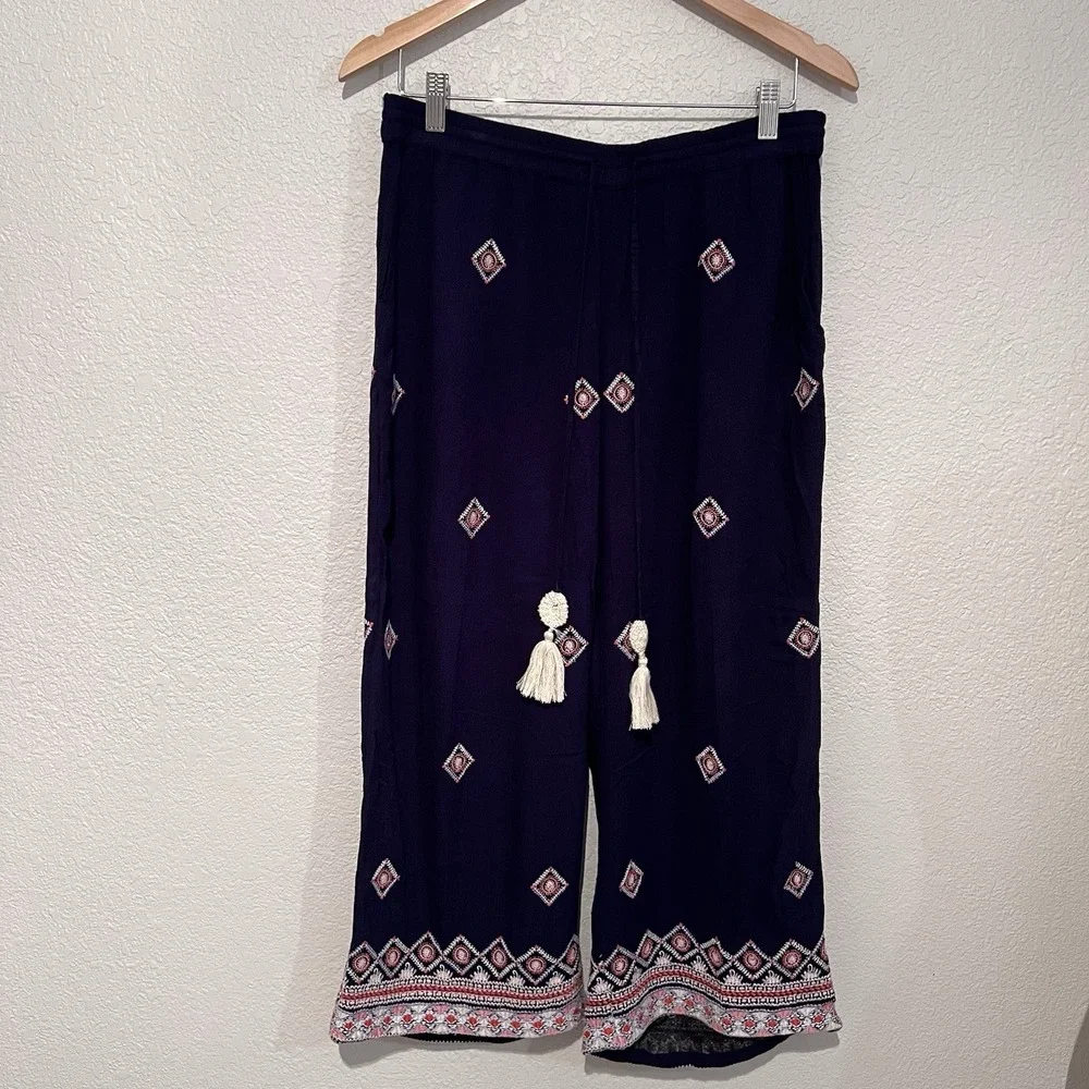 Sundance Niovi Wide-Leg Cropped Embroidered Boho Pants Navy Blue Size PM‎